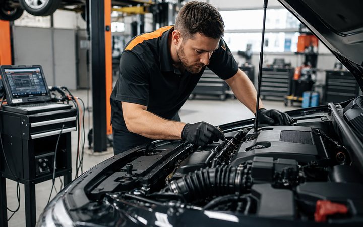 Mechanic working on a modern vehicle engine